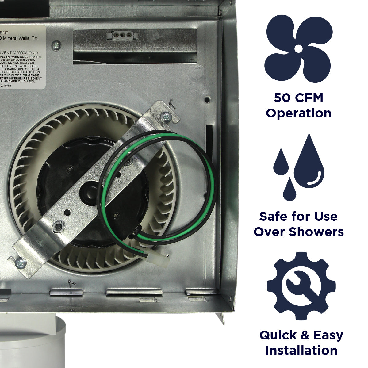 Features of the NXMS50 include 50 CFM operation, safe for installation over showers, and quick and easy install.