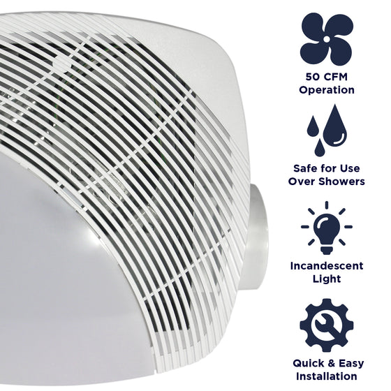 Features of the NXMS50L include 50 CFM operation, safe for installation over showers, built-in lamp holder, and quick and easy install.