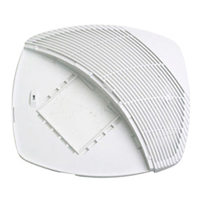 Front of lighted bath fan grille with lens removed.