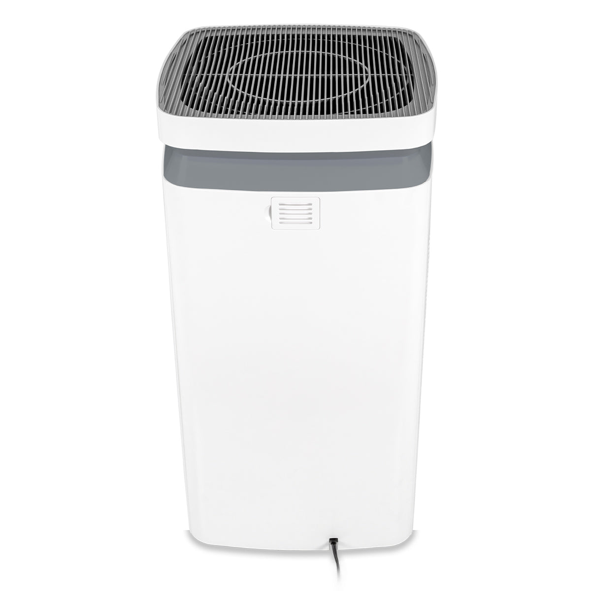 Back view of the white tower air purifier showing the air quality sensor, power cord, and air outlet.