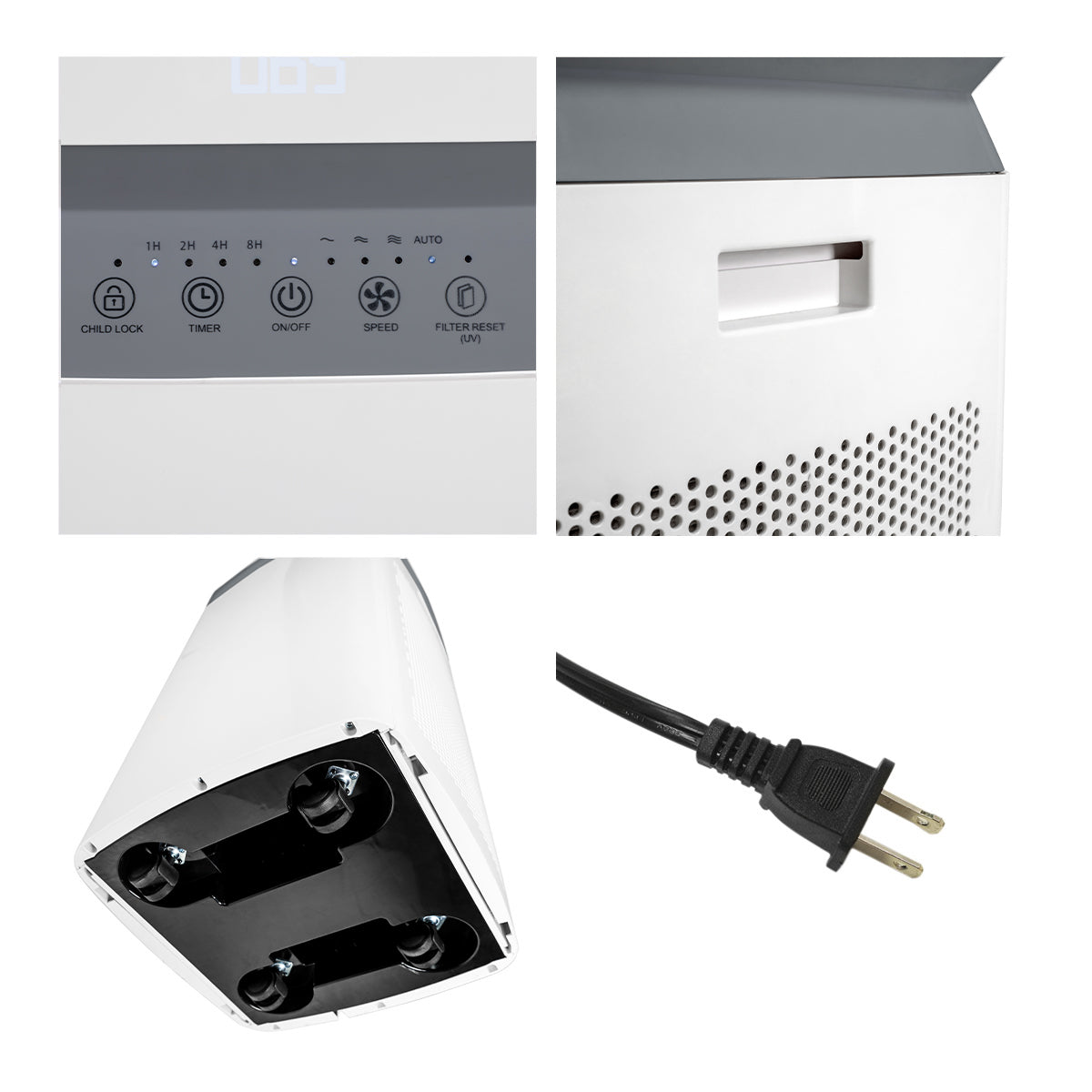 Close-up of the touch control panel, door handles, caster wheels, and 2 prong plug.