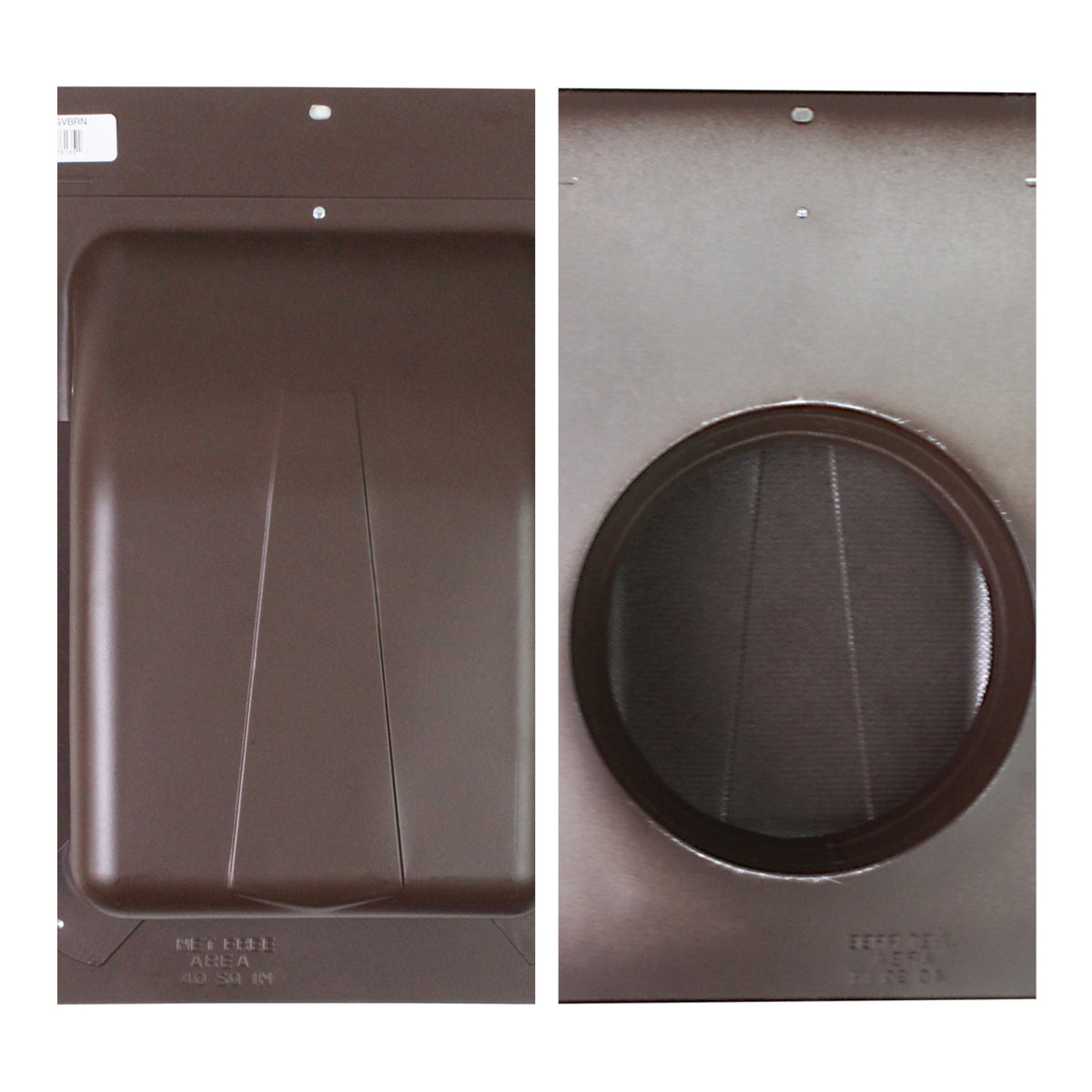 Detail view of the top and underside of the slant back vent showing the mesh screen and steel construction.