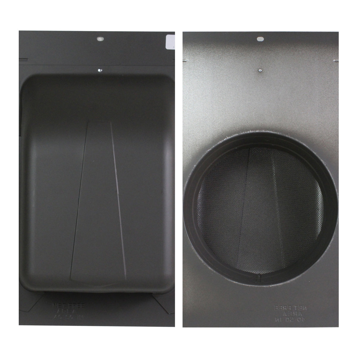 Detail view of the top and underside of the slant back vent showing the mesh screen and steel construction.