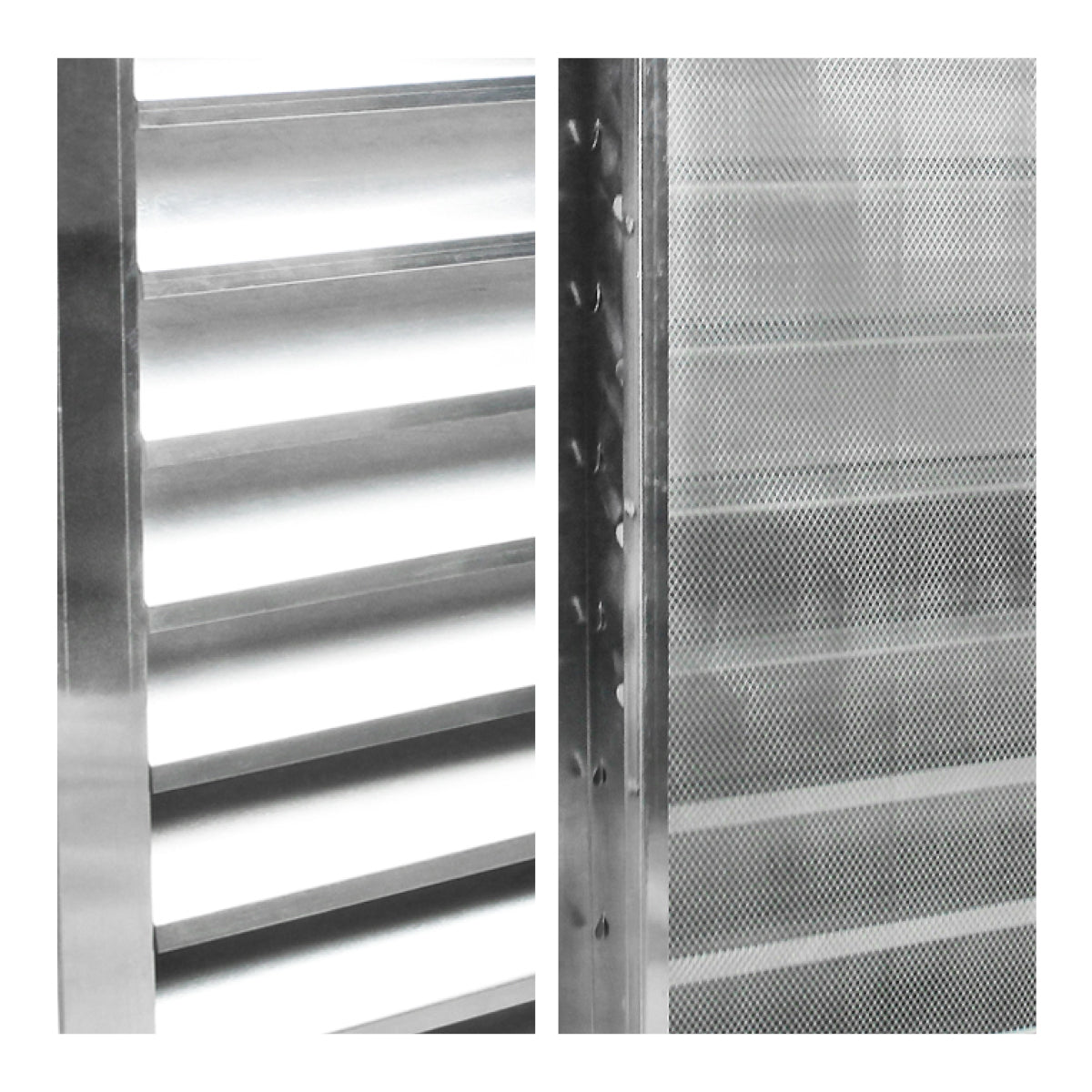 Detailed close-up of aluminum louvers and mesh screen.