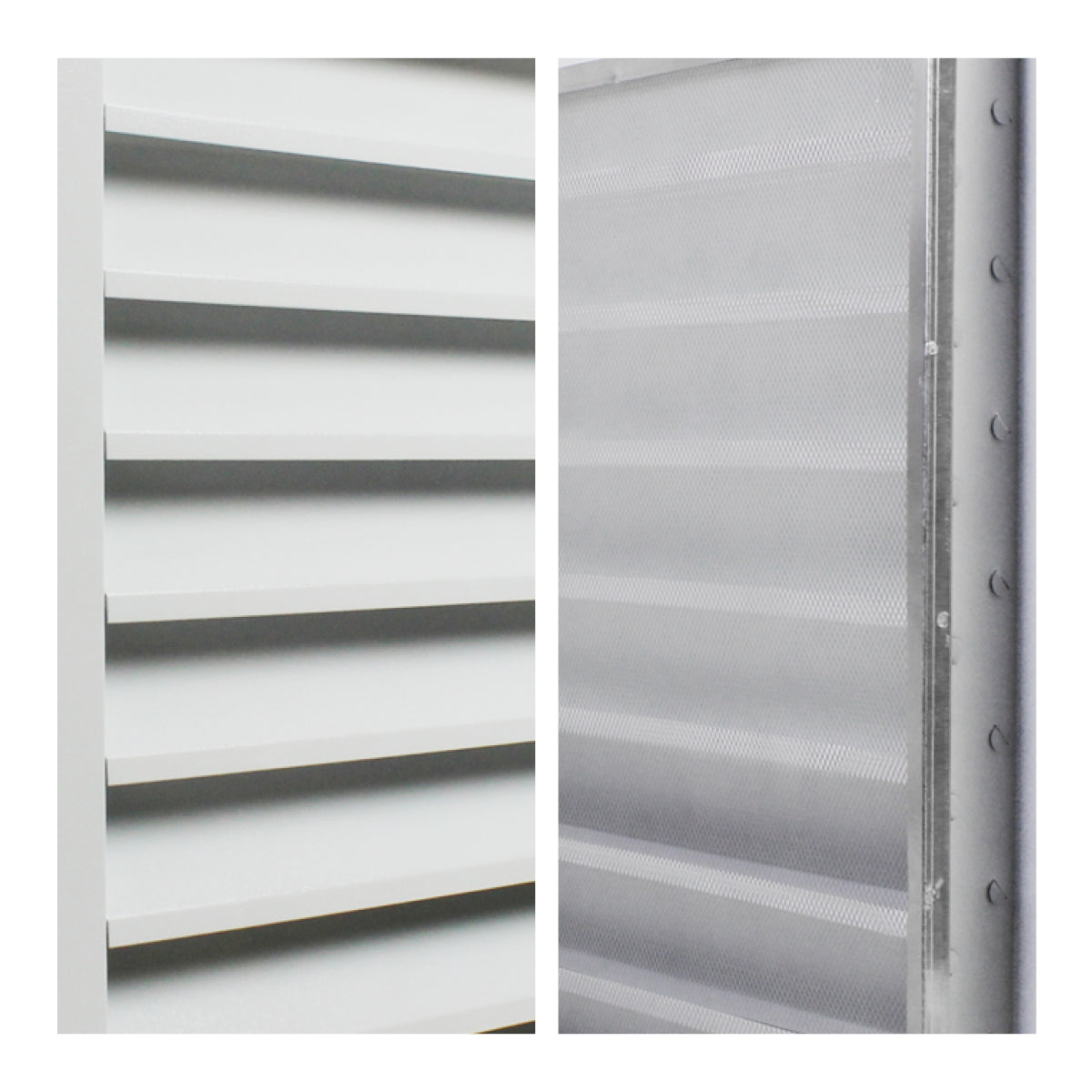 Detailed close-up of aluminum louvers and mesh screen.
