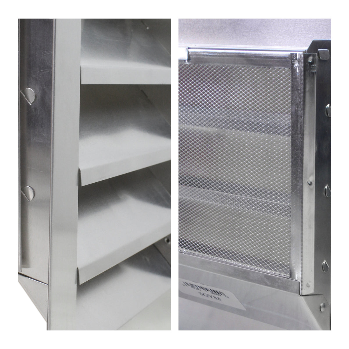 Detailed close-up of aluminum louvers and mesh screen.