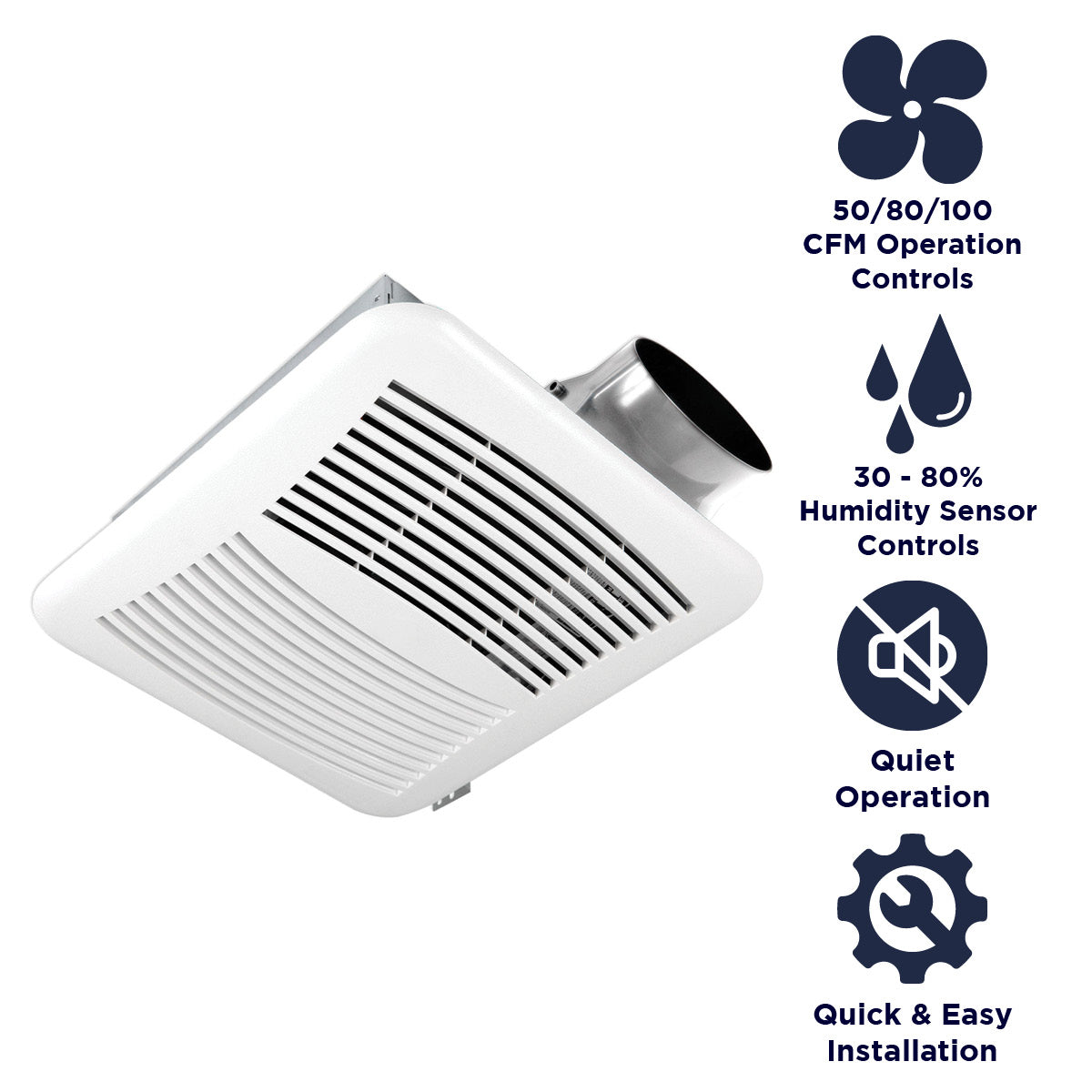 Features of the SL100-3H include 50-80-100 CFM operation, 30-80% humidity sensor control, quiet operation, and easy installation.