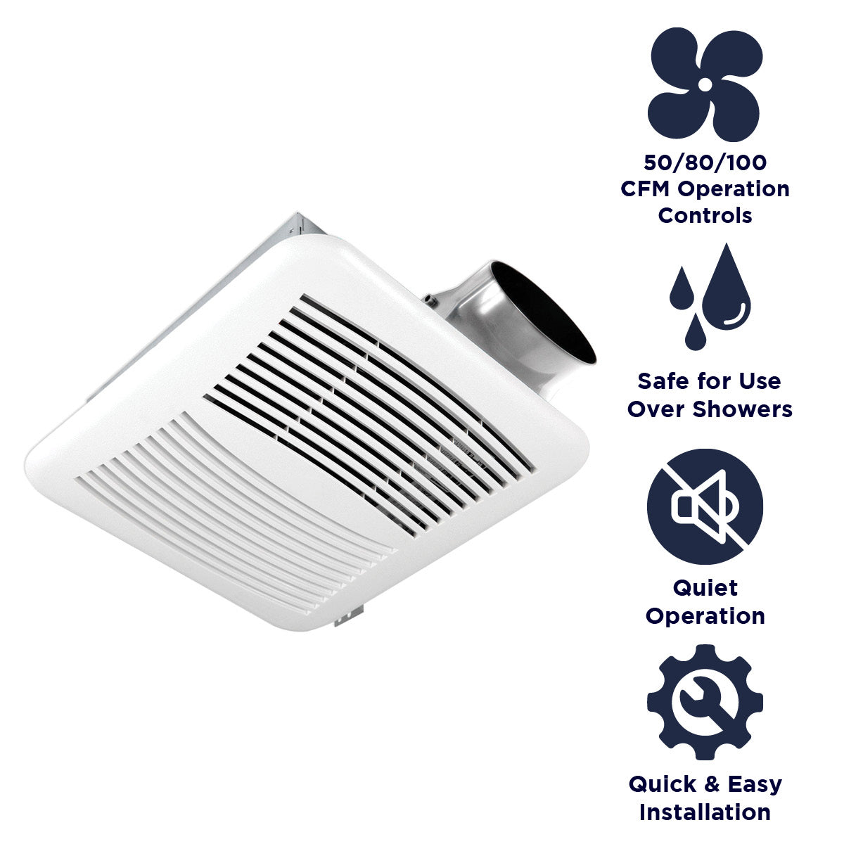 Features of the SL100-3 include 50-80-100 CFM operation, safe use over a shower when installed in a GFCI branch circuit, quiet operation, and easy installation.