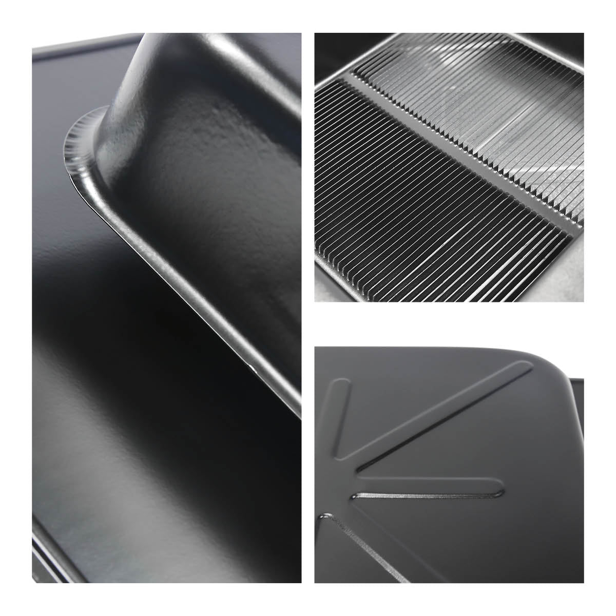 Detail view of the top and underside of the square top vent showing the louvered opening and steel construction.