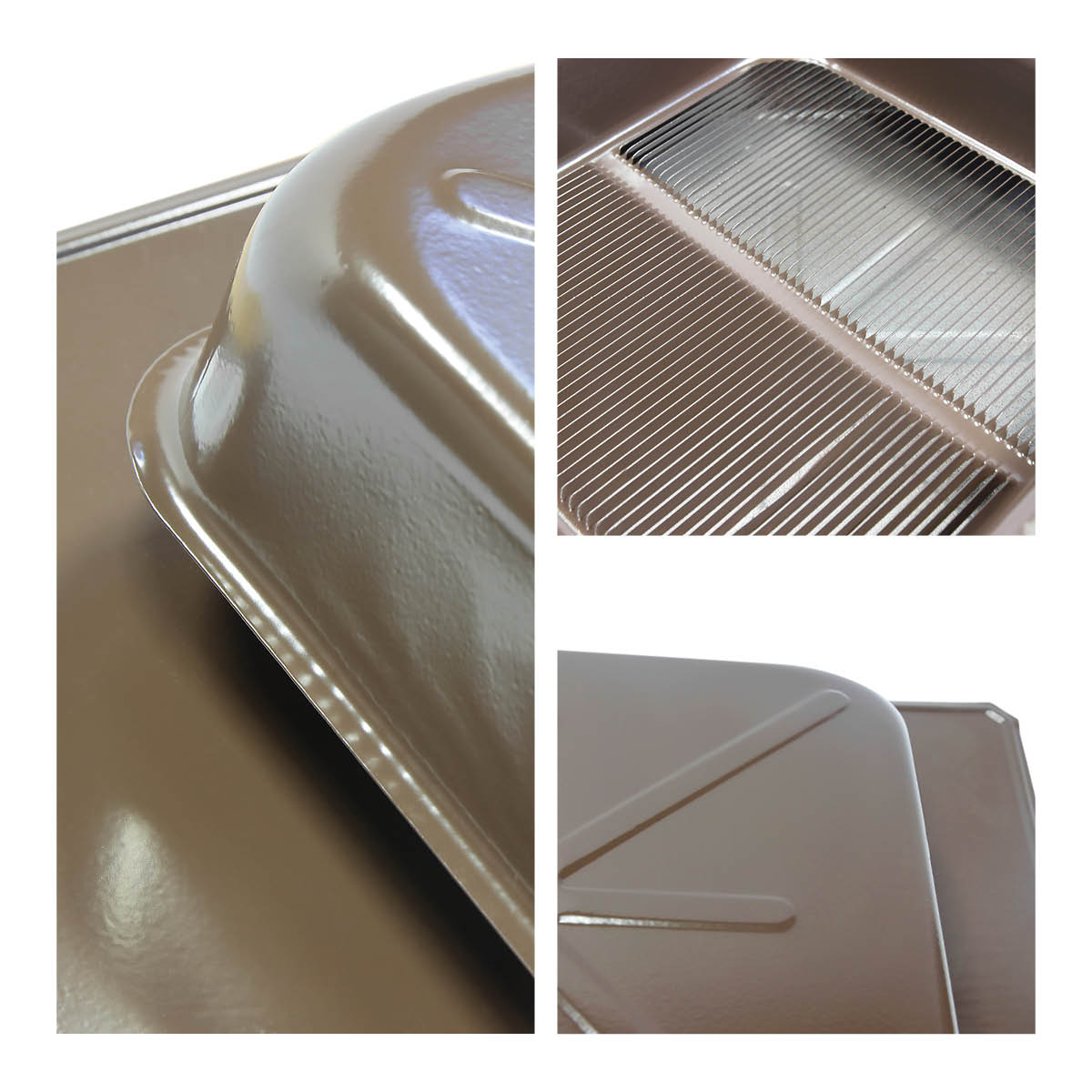 Detail view of the top and underside of the square top vent showing the louvered opening and steel construction.