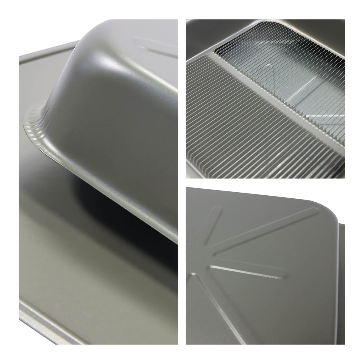 Detail view of the top and underside of the square top vent showing the louvered opening and steel construction.