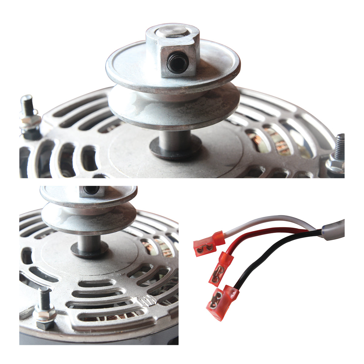 Close-up of pulley, vents, and wiring with terminal clips.