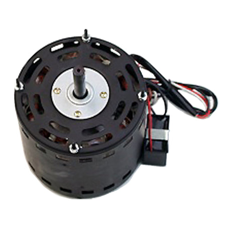 Angled view of belt drive motor with capacitor.