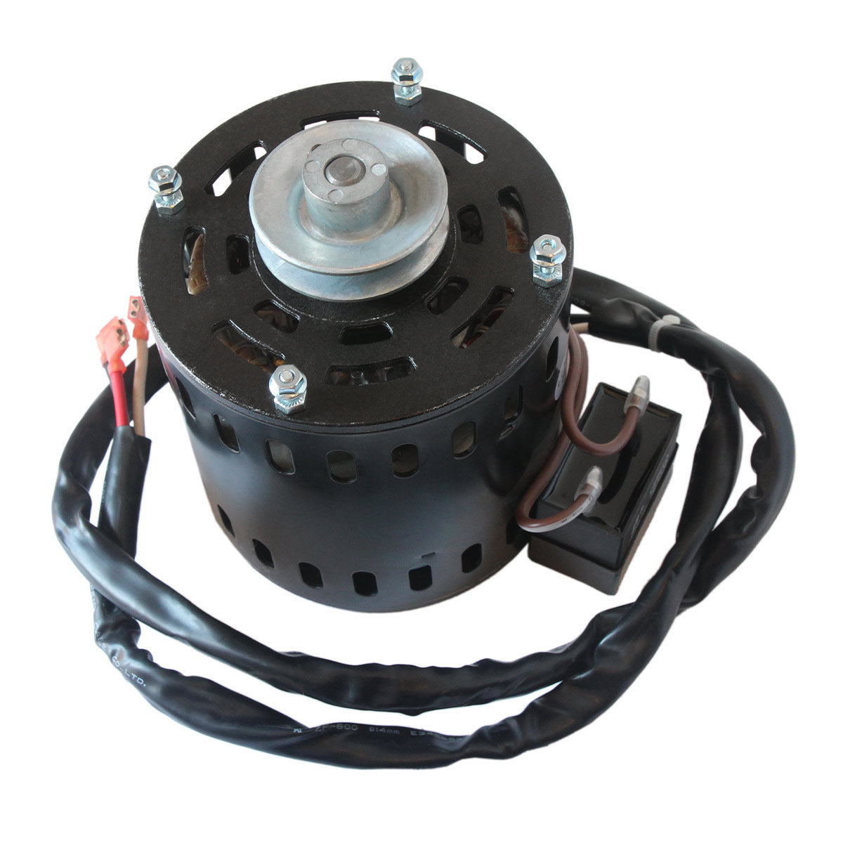 Angled view of belt drive motor and pulley with capacitor.