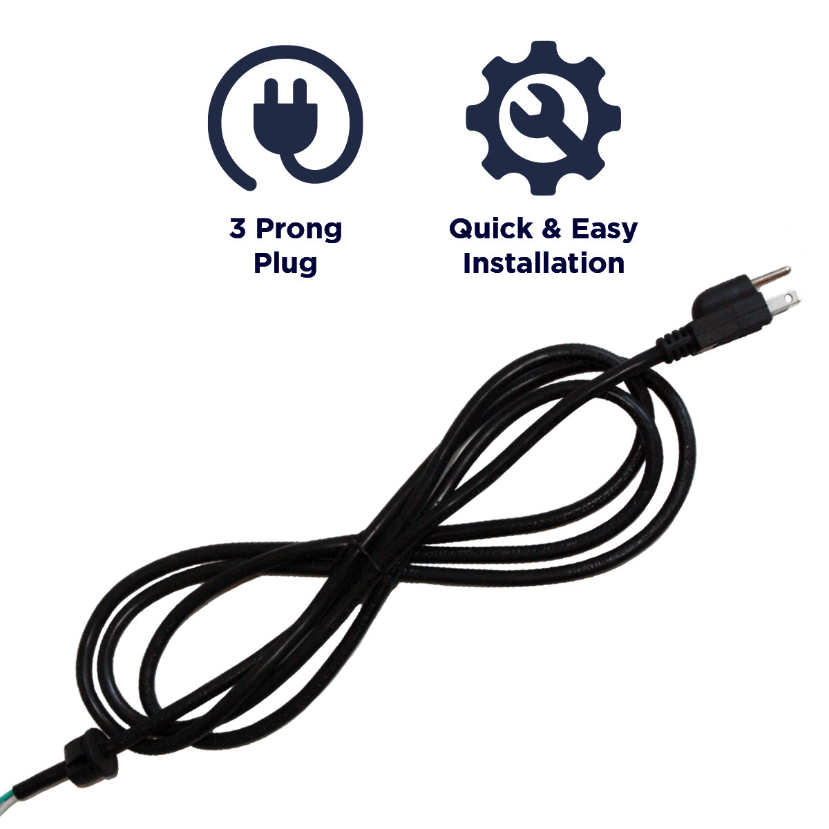 This power cord has a 3 prong plug and installs quickly to any Maxx Air barrel fan model.