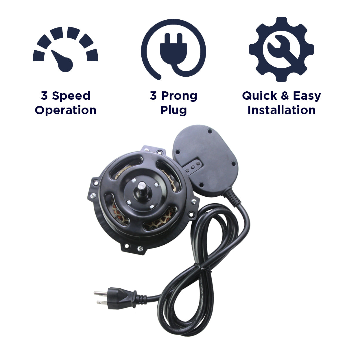The XEFLOOR414 has a 3 speed operation, a 3 prong plug, and installs quickly and easily to your floor fan.