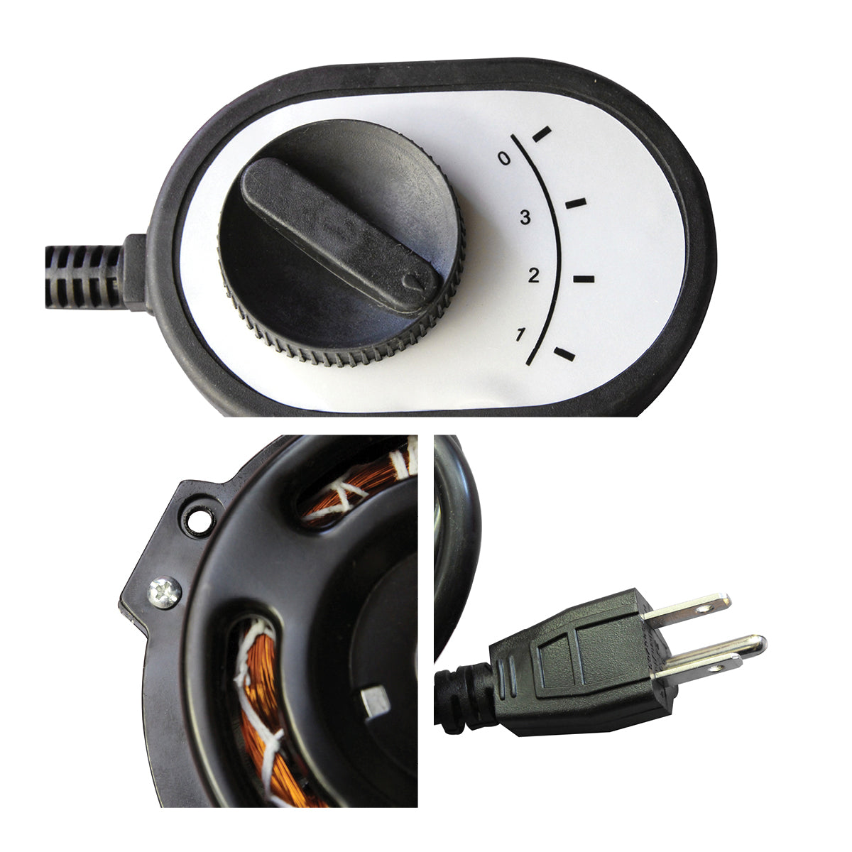 Close-up of switch, motor vents and plug.