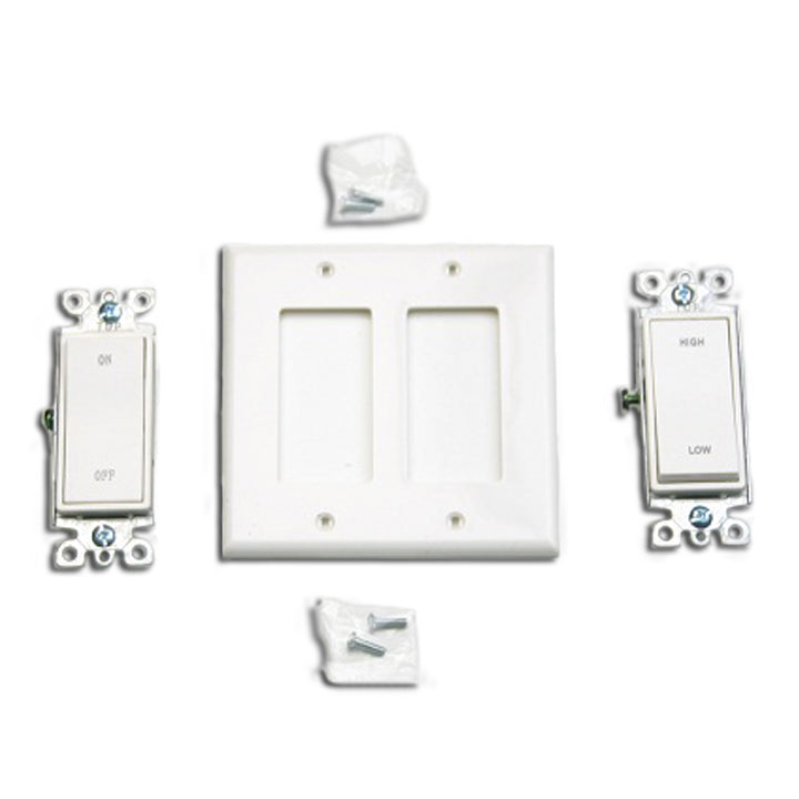 Front of switch kit with wall plate, on/off and hi/lo switches, and hardware.