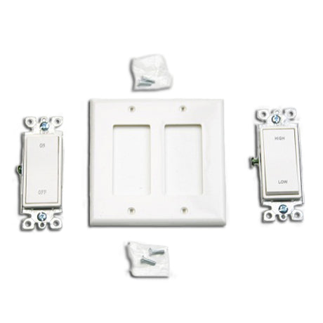 Front of switch kit with wall plate, on/off and hi/lo switches, and hardware.