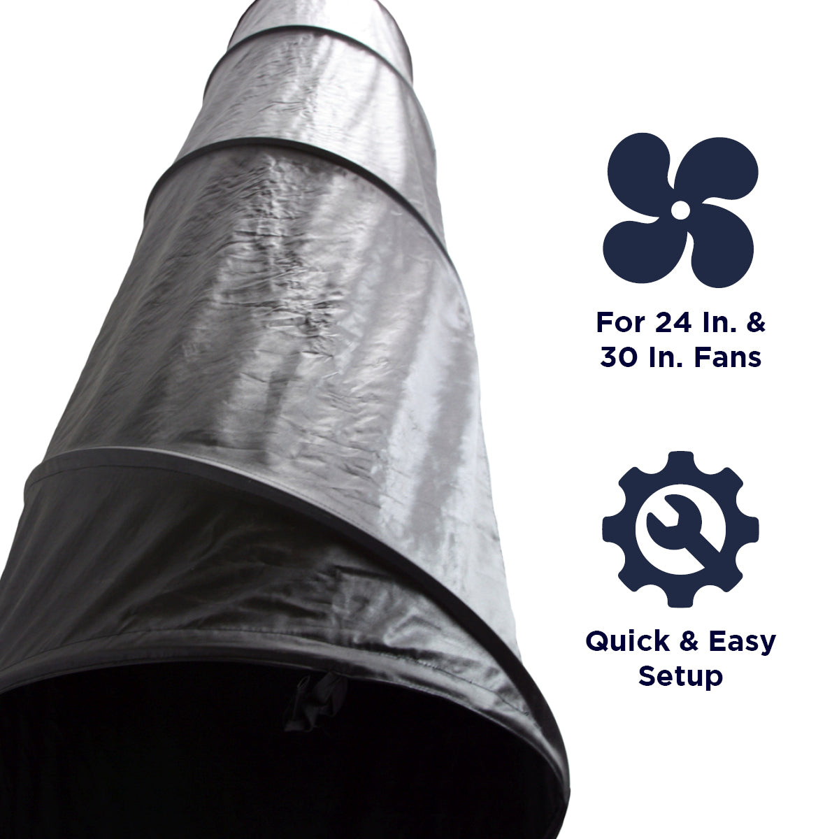 The XXBF2430DUCT is compatible with both 24 and 30 in. Maxx Air barrel fans and is secured quickly to the fan using a drawstring.