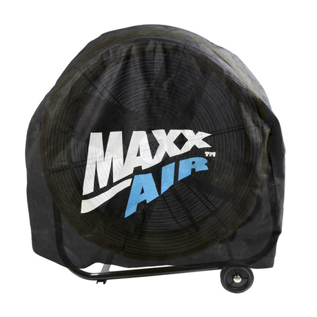 Cover showing the snug fit against a yellow Maxx Air 24 in. drum fan underneath.