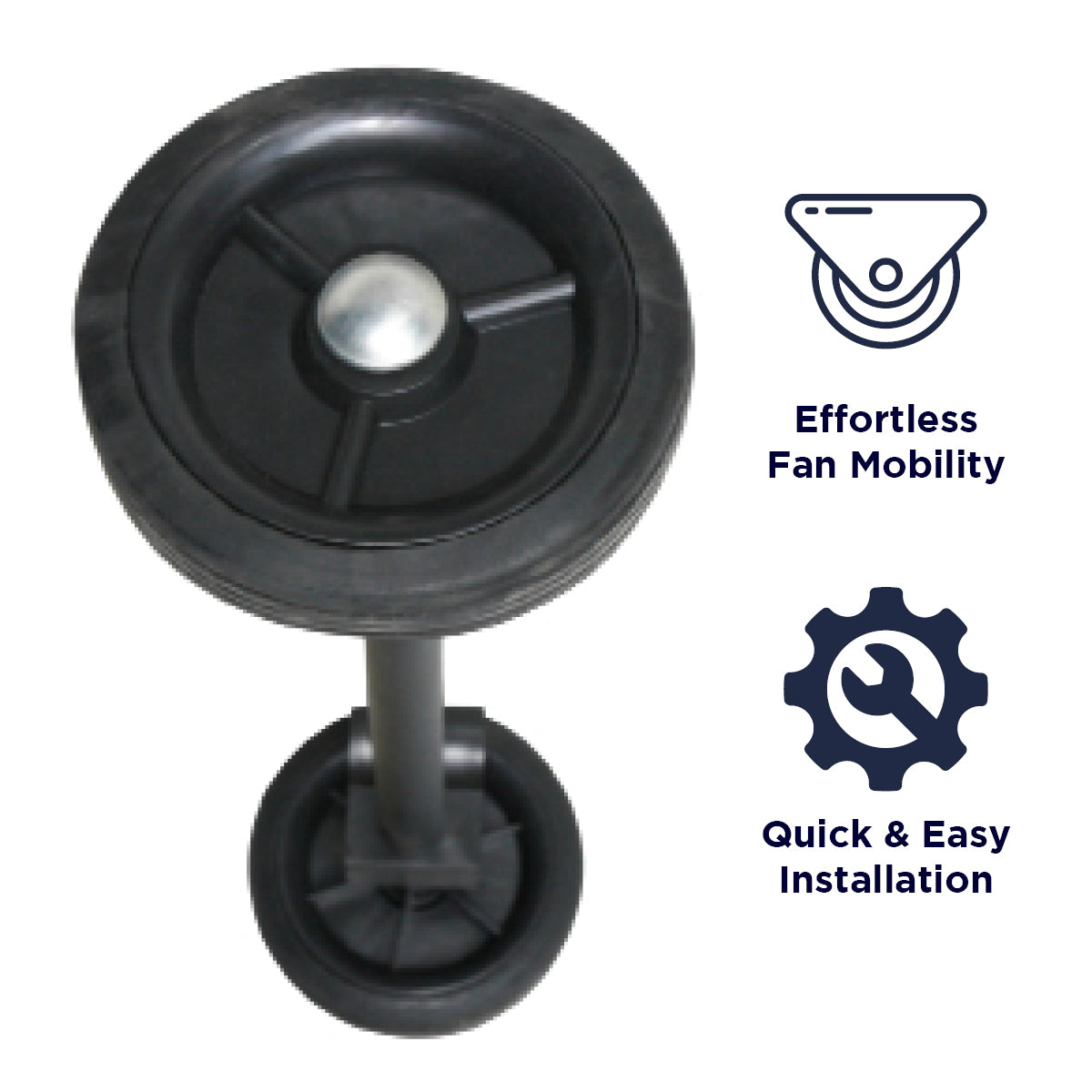 This wheel kit allows for easy fan mobility and transportation, and snaps on the cradle base for tool-free install.