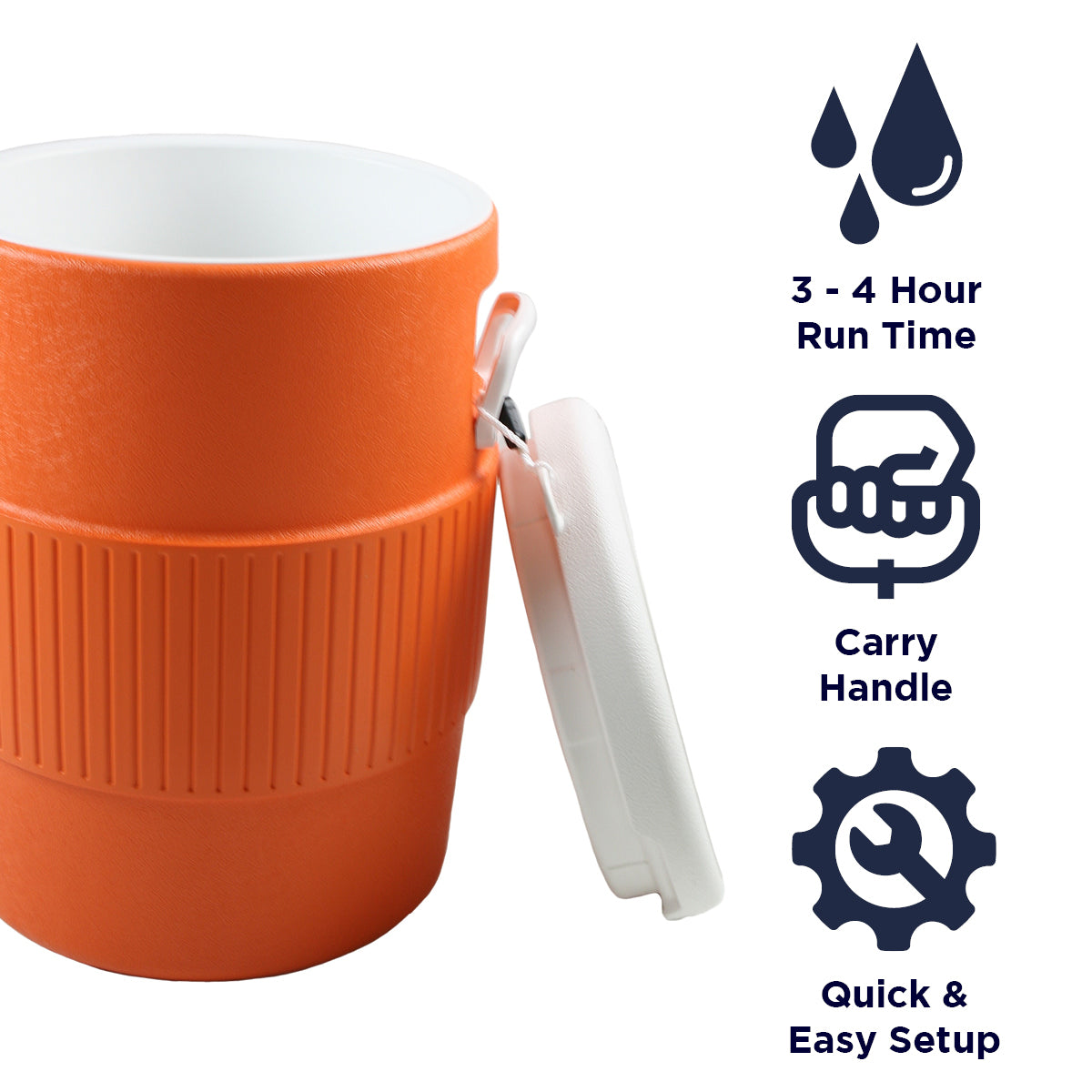The XXCDTANK10YEL provides a 3-4 hour run time for your misting fan, has built-in carry handles, and sets up quickly and easily.