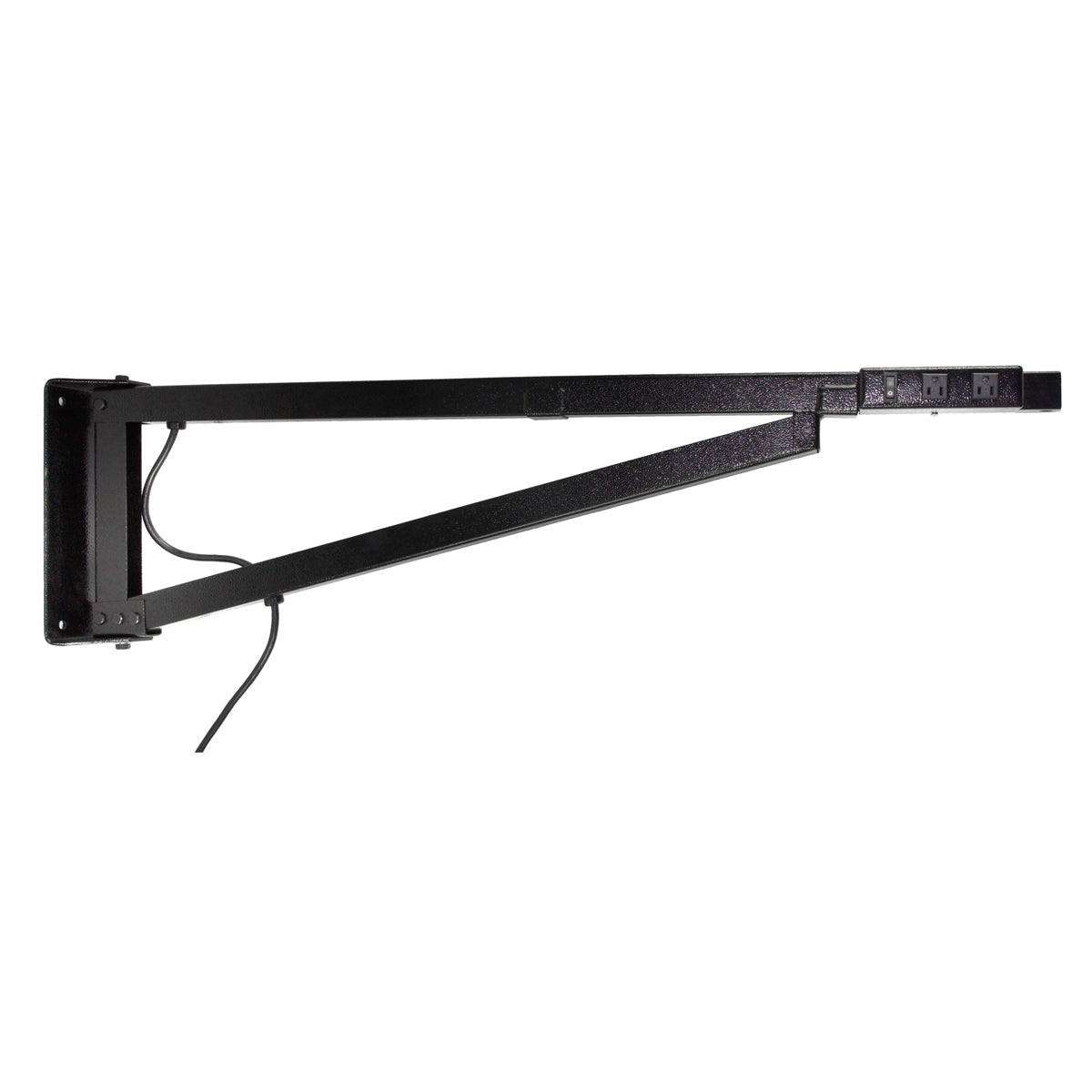 Side view of the dock arm in black finish with built-in electrical outlets.