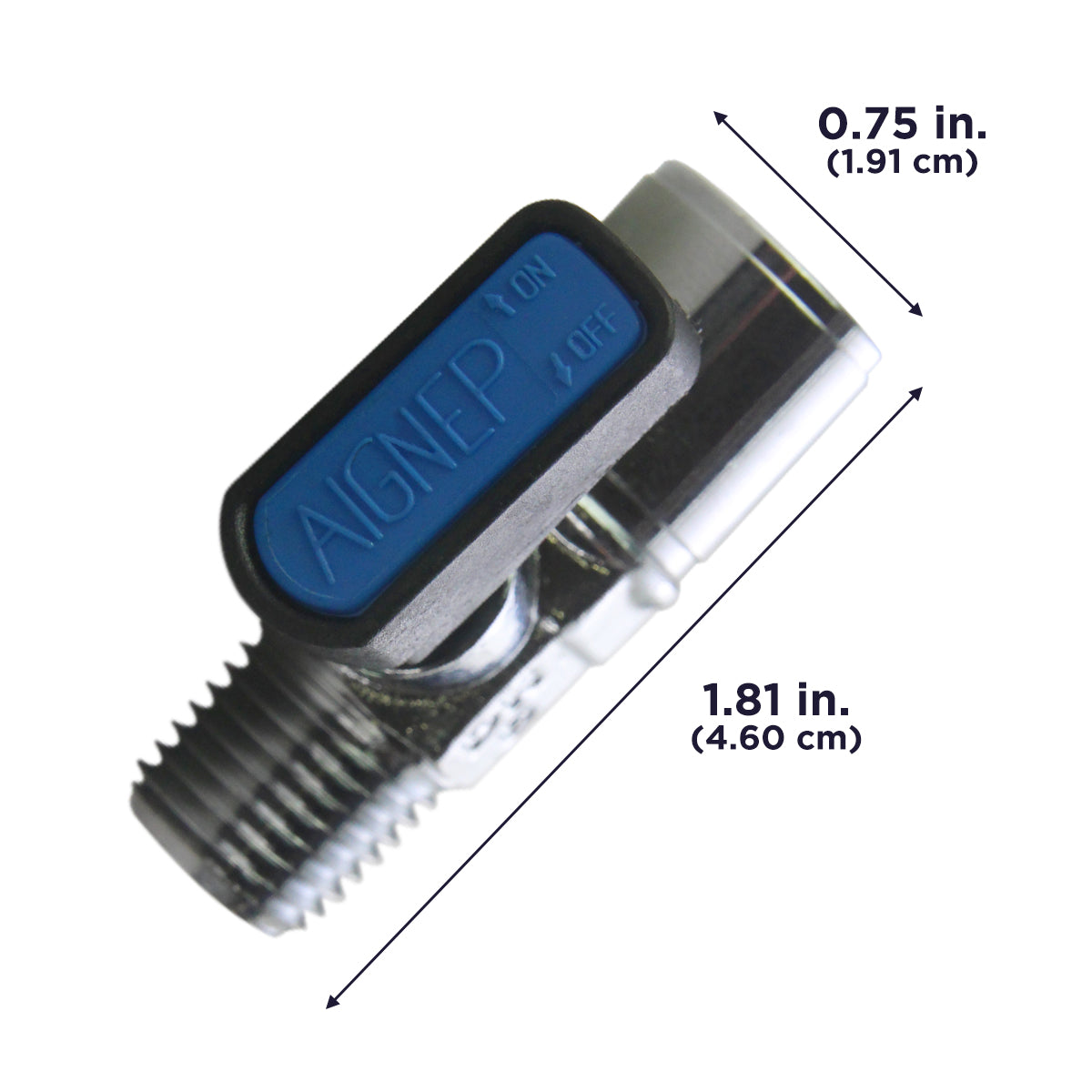 The XXHPSHUTOFF is .75 in. (1.91 cm) wide and 1.81 in. (4.6 cm) tall.