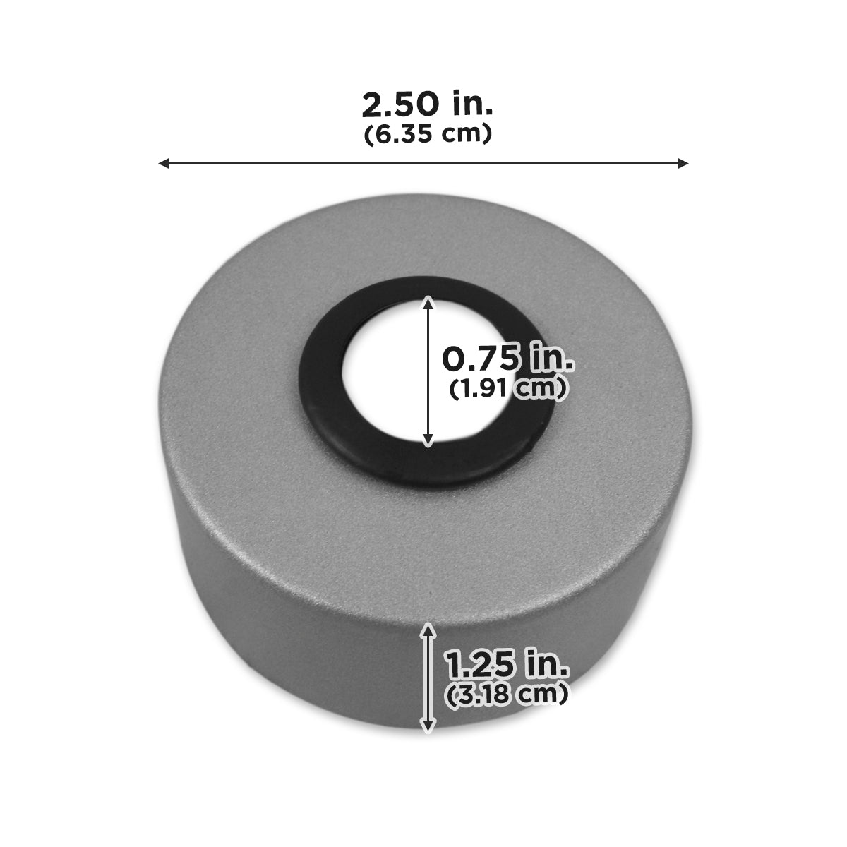 This cover is 2.5 in. (6.35 cm) in diameter, and is 1.25 in. (3.18 cm) high with a 0.75 in. (1.91 cm) center opening.