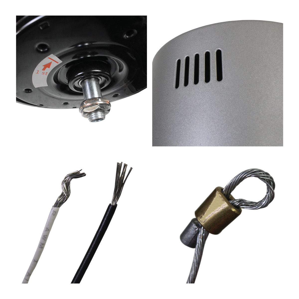 Close-up of motor head, vents, wiring, and safety line.