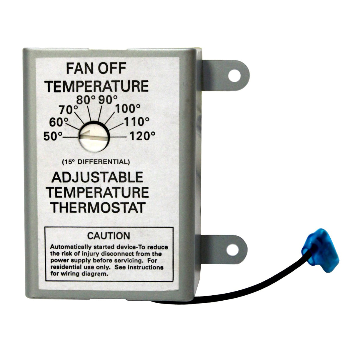 Front of DC thermostat with clearly marked temperature settings from 50 - 120 degrees Fahrenheit.