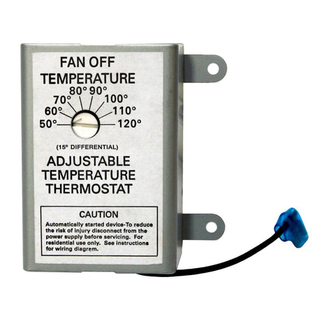Front of DC thermostat with clearly marked temperature settings from 50 - 120 degrees Fahrenheit.