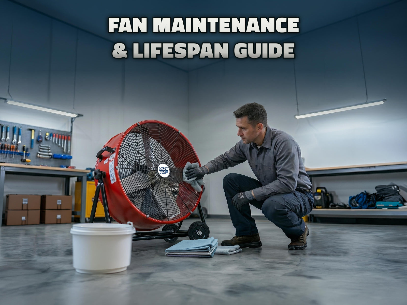 A worker in a maintenance depot cleans a red 24" Maxx Air tilt fan with a dry cloth. 