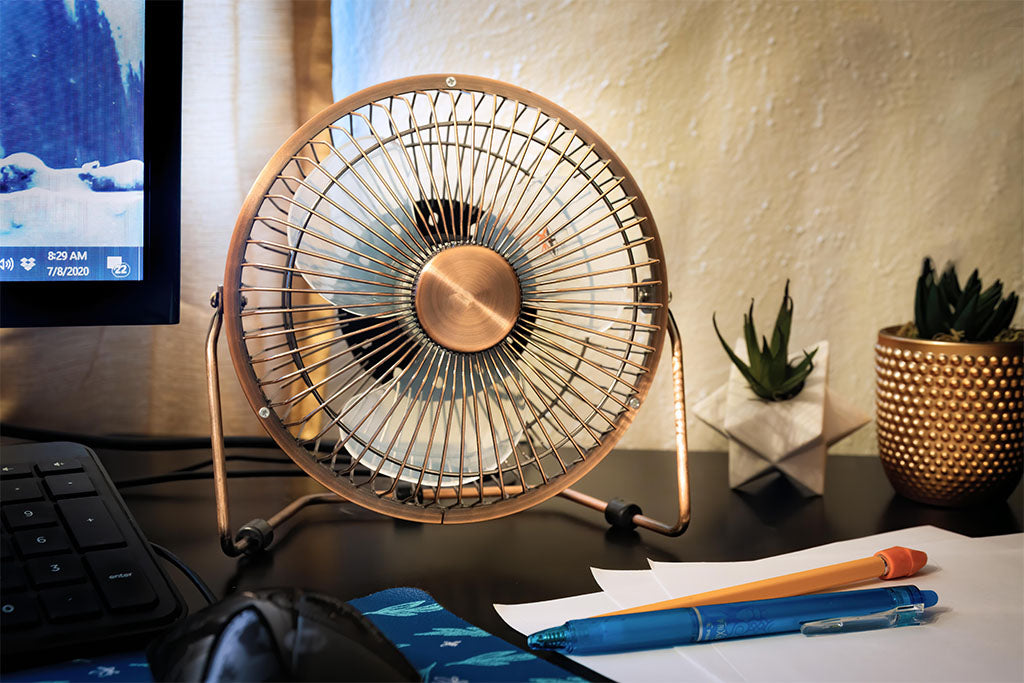 Our copper desk fans are available in 3 sizes and fit neatly atop your work space to provide a cool, quiet breeze. 