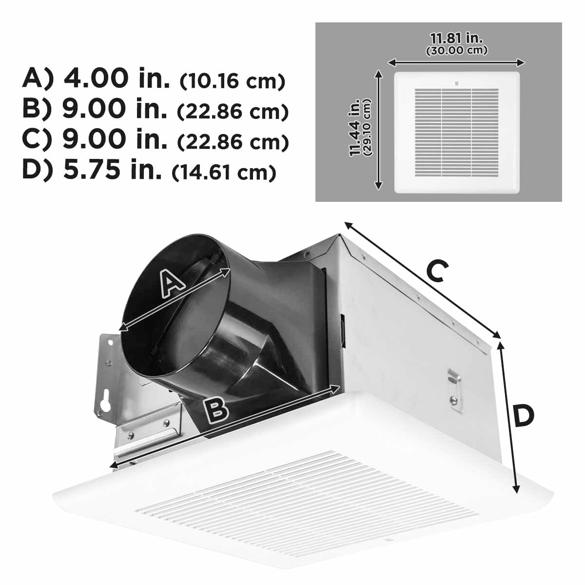 Dimensional drawing showing the bathroom exhaust fan housing and grille specs.