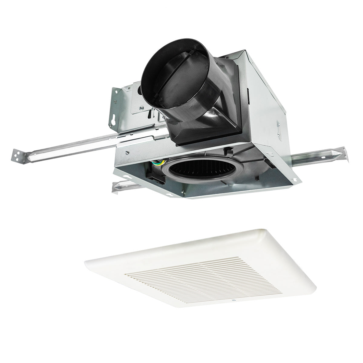 Exploded view of the utility fan with the grille pulled away from the main housing. 