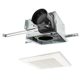 Exploded view of the utility fan with the grille pulled away from the main housing. 