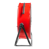 Right side view of the 24 in. red barrel fan showing the easy to use tilt adjustment knobs and sturdy cradle base. 