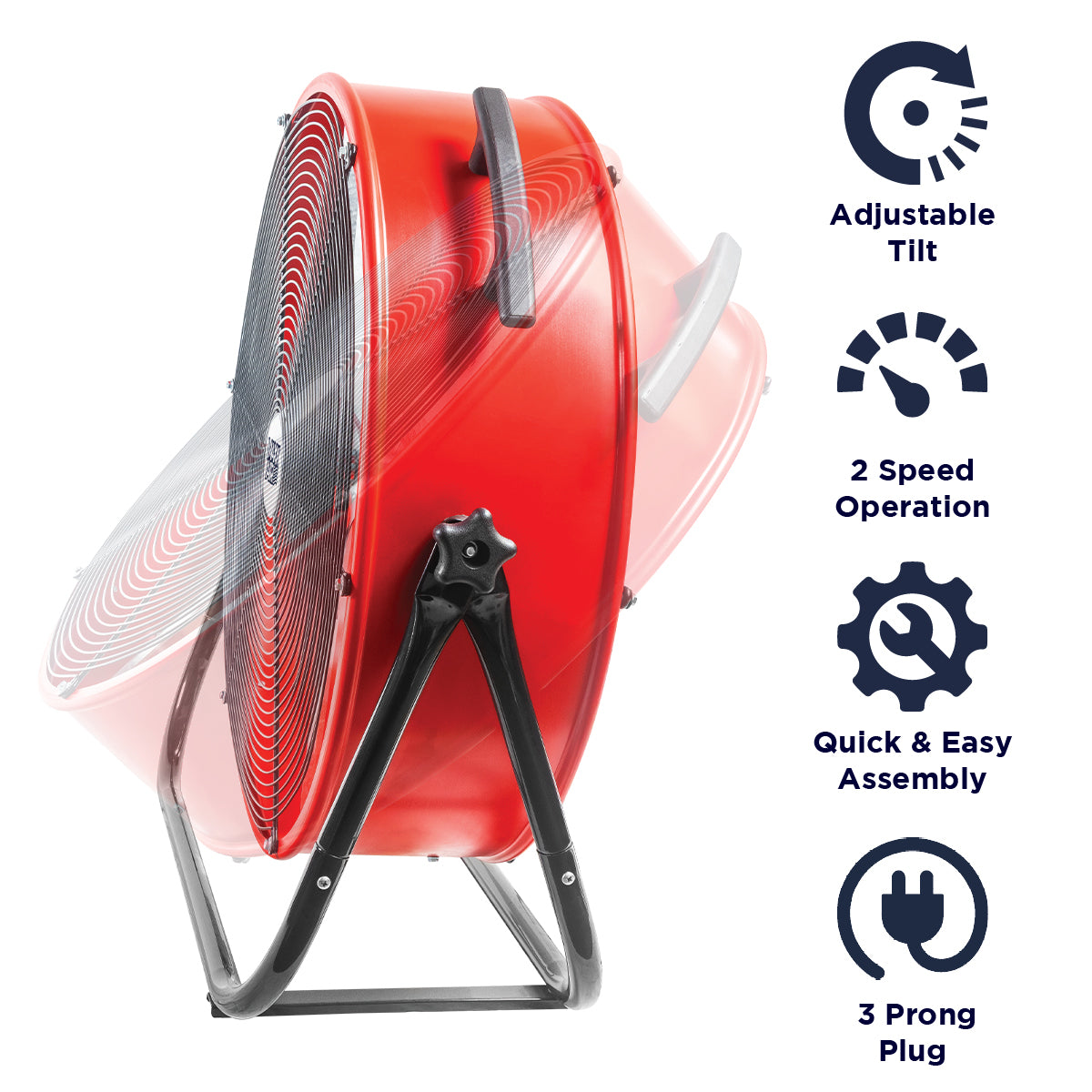 Features of the 24 in. red air mover include 2 speed operation, adjustable tilt angle, and 3 prong electric plug.