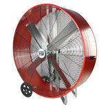 Angled view of the red steel air circulator fan showing the non-skid legs.