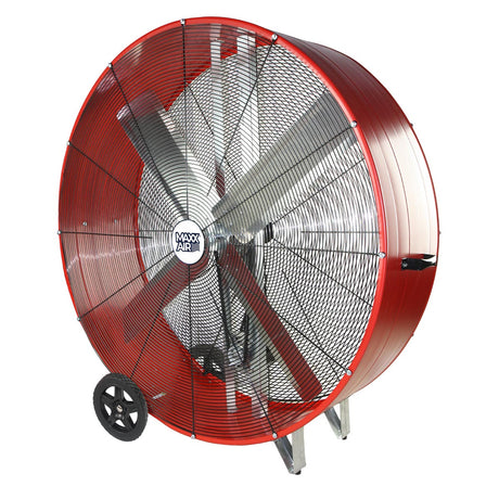 Angled view of the red steel air circulator fan showing the non-skid legs.