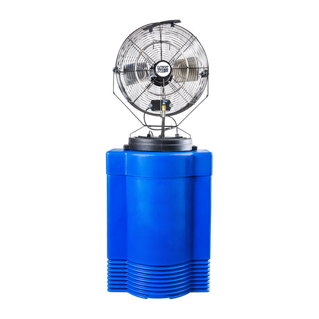 18 in. hi-pressure misting fan on 40 gal. blue tank provides hours of cooling to combat heat stress on the job or provide comfort in residential and commercial spaces.