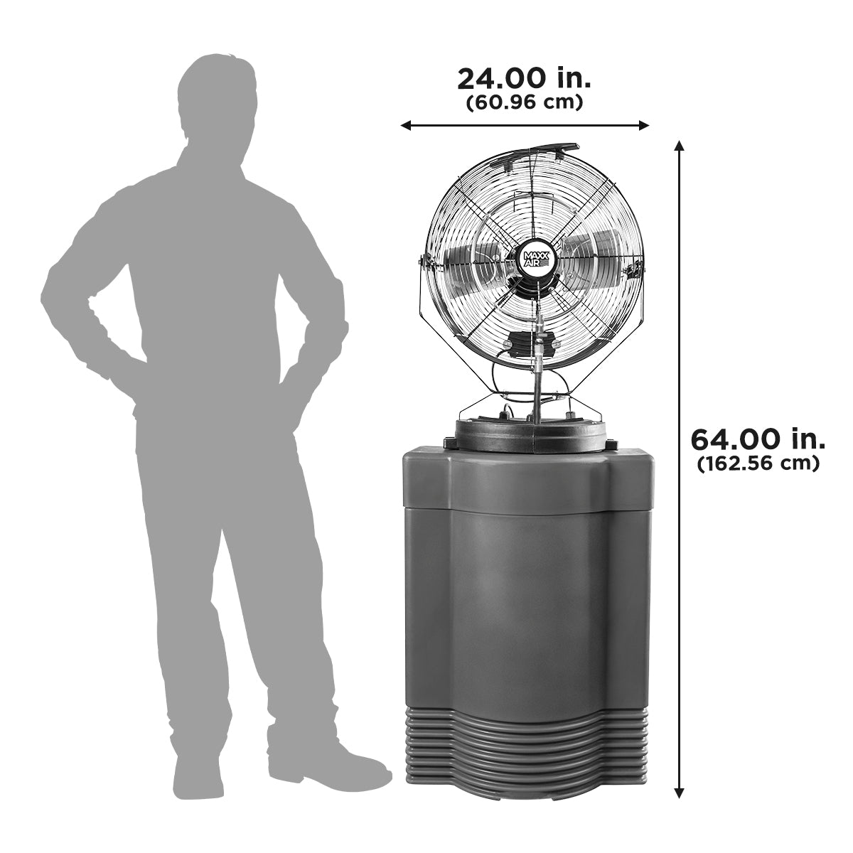 The high pressure misting fan stands assembled at 24" wide and 64" tall. 