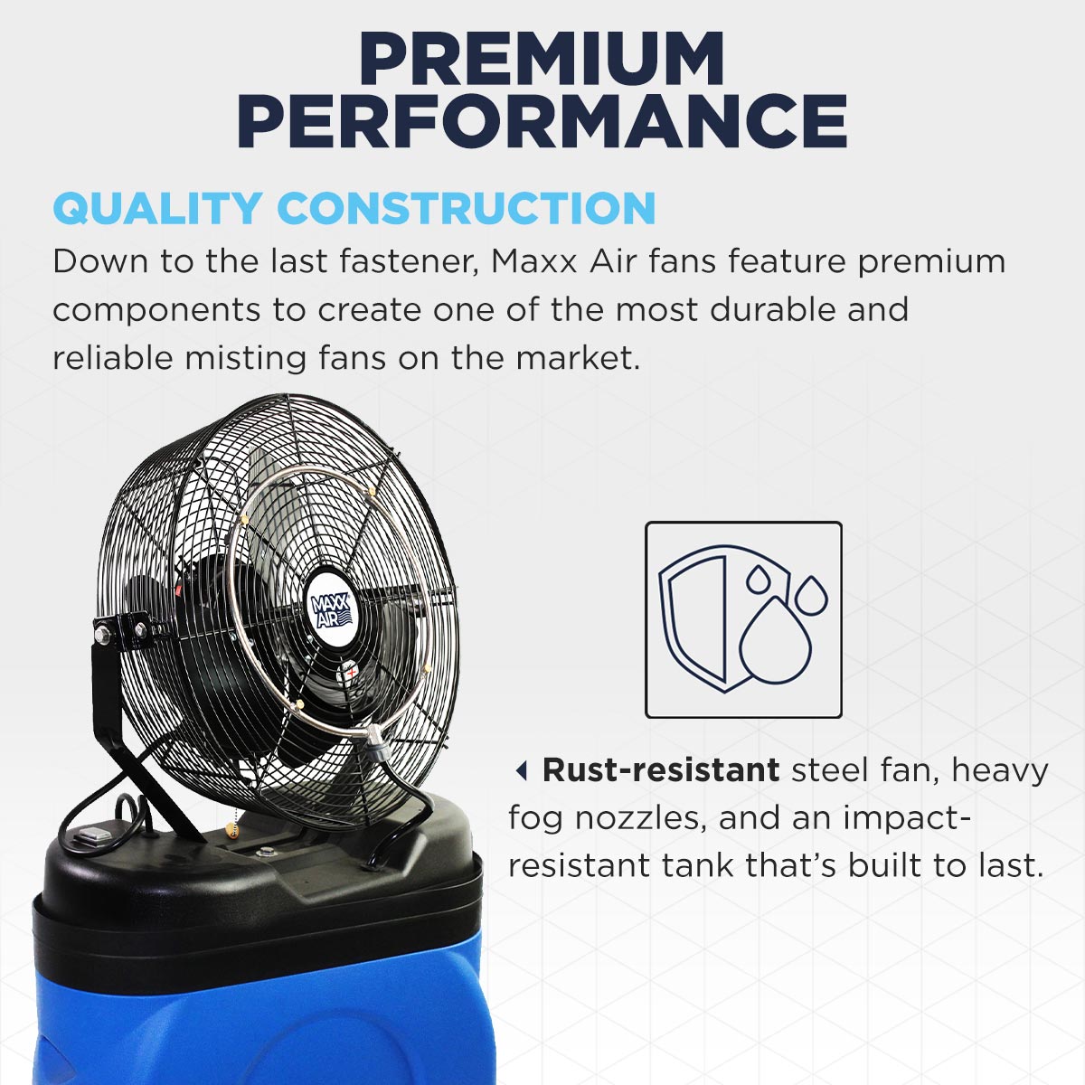 The CDMP1420BLU mister is made of quality rust-resistant components that are built to last. 