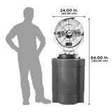 The mid-pressure misting fan stands assembled at 24" wide and 64" tall. 