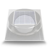 Partially transparent solar roof vent, shown so that you can see how the vent hole on the adapter frame lines up with the fan. 