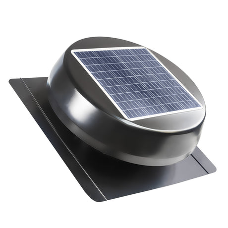 1030 CFM solar roof mount fan in black finish with built-in solar panel on dome.