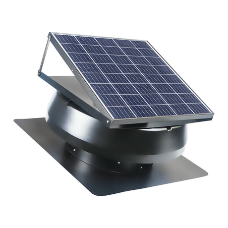 1280 CFM solar roof mount fan in black finish with mounted solar panel on dome.