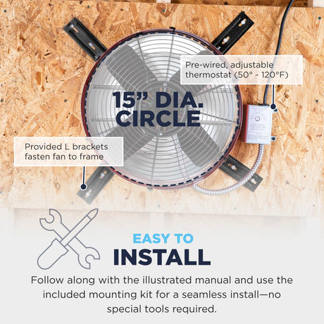 This attic fan uses a 15" diameter round cutout and can be installed in place of an older gable fan using the same rough opening. It includes a pre-wired adjustable thermostat and L brackets to attach the fan to your frame. 